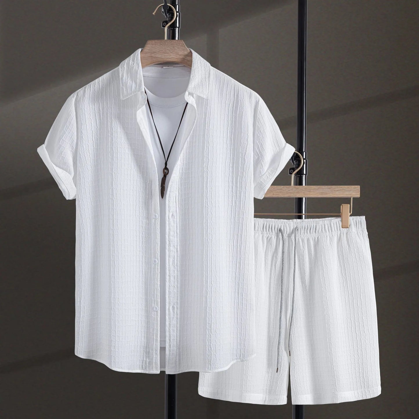Men's white cotton blend jacquard short sleeve shirt and shorts casual suit set