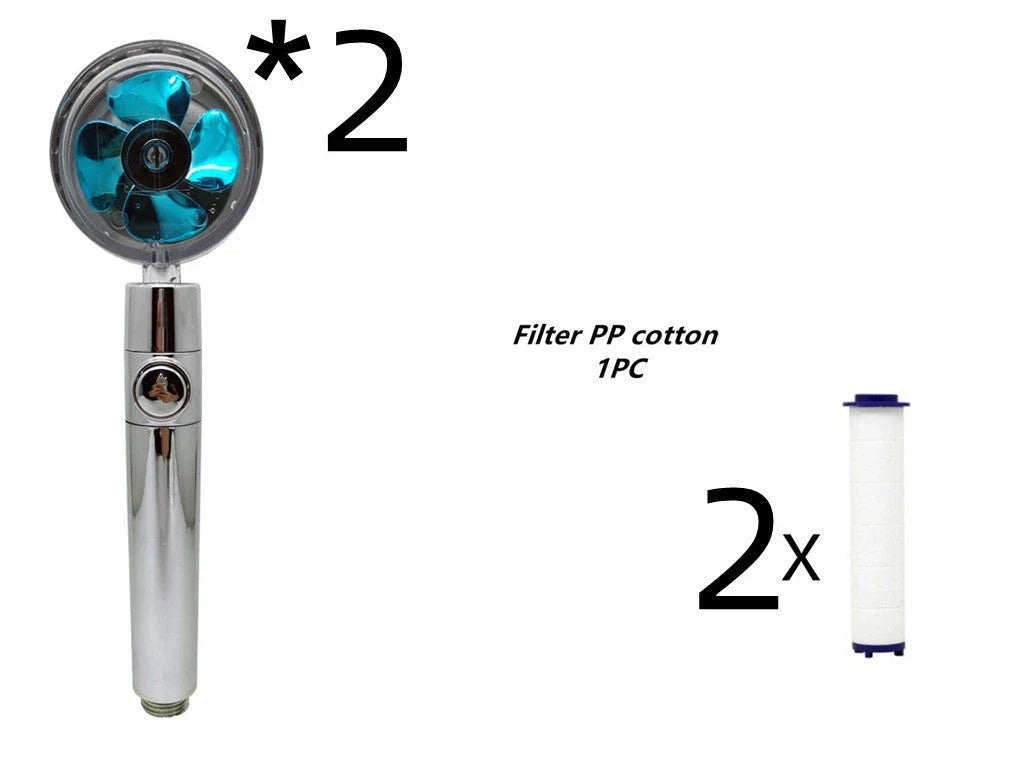 A high-pressure handheld shower head with a turbo-charged water flow and a cotton filter for a luxurious, spa-like bathing experience.