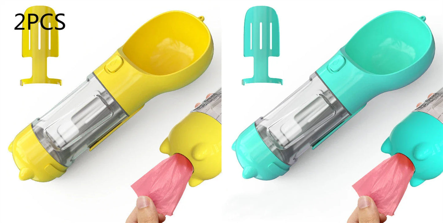Multipurpose Pet Water Bottle with Feeding Bowl and Waste Bag Storage - Durable, Portable, and Convenient