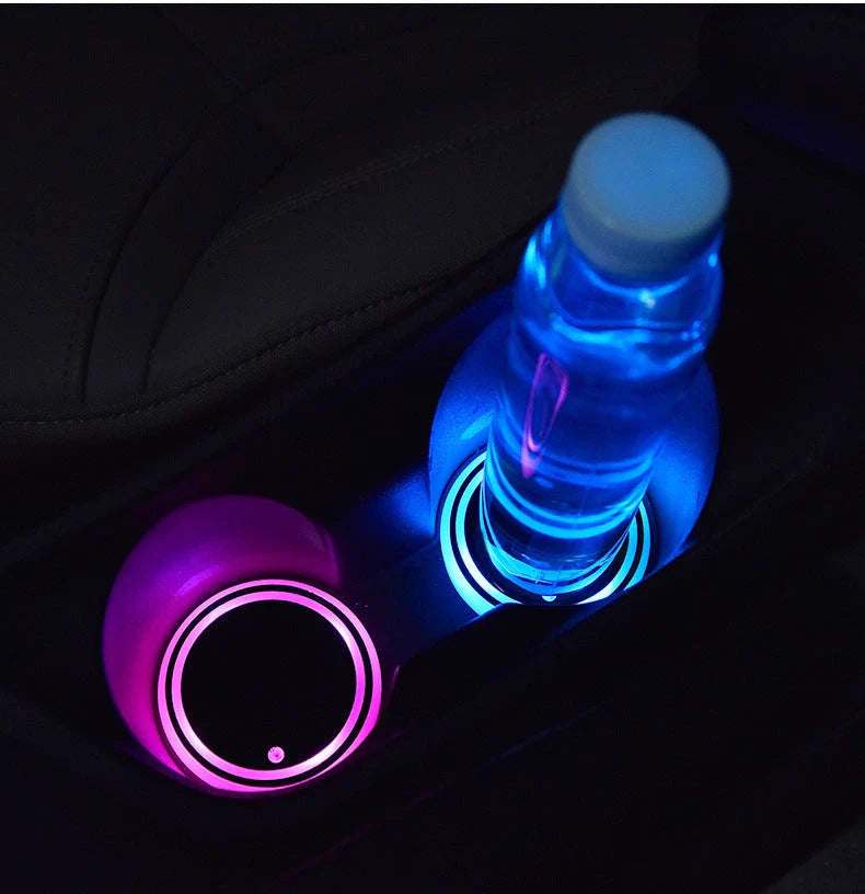 Stylish LED light-up car coaster with color-changing lights, USB and solar charging, and non-slip design