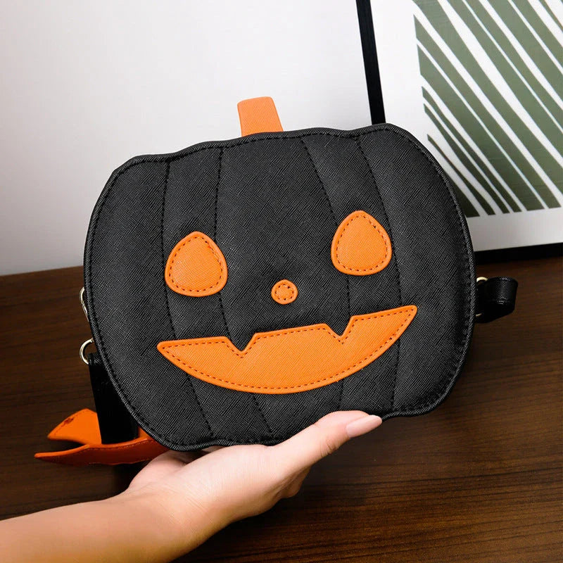 Pumpkin cartoon shoulder bag with adjustable strap and roomy interior, available in various Halloween-inspired colors