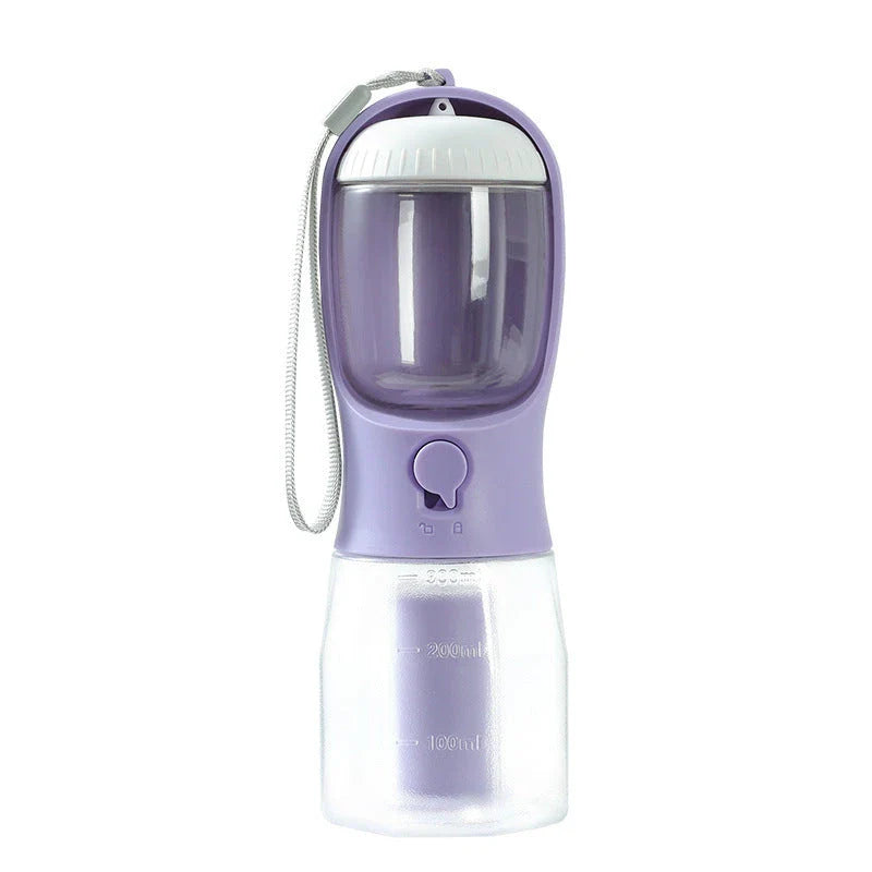 Portable 3-in-1 pet water bottle with built-in filtration system, food container, and waste bag storage compartment