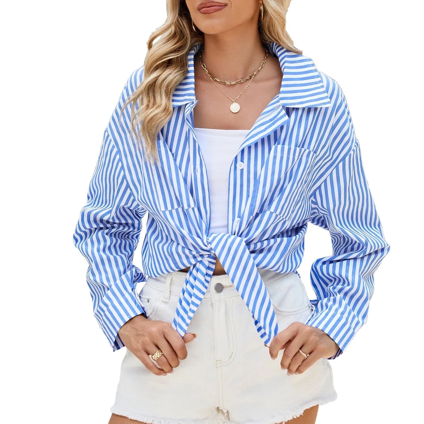 Stylish striped long sleeve button-up shirt with pockets in various color options