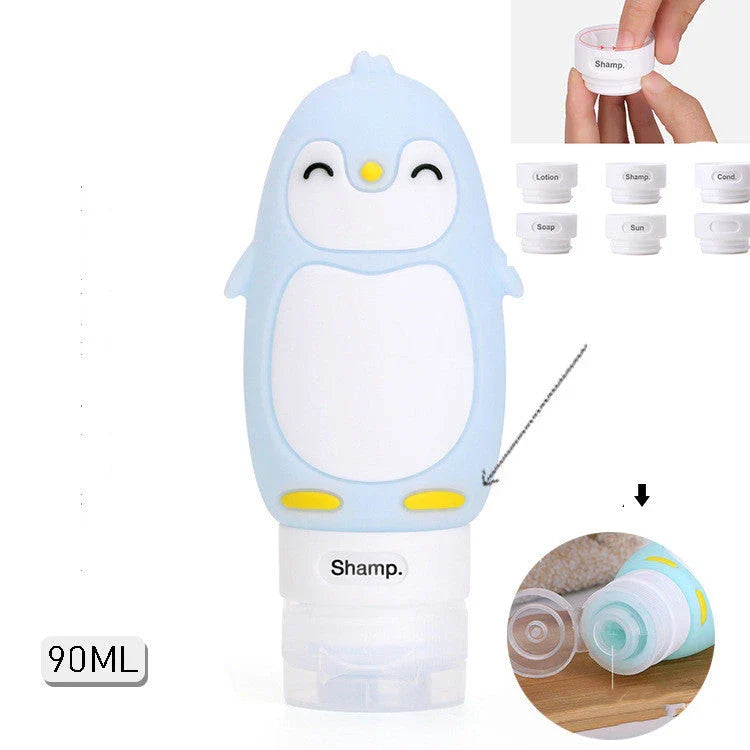 Portable animal-shaped silicone travel bottles for shampoo, shower gel, and lotion in various vibrant colors and designs