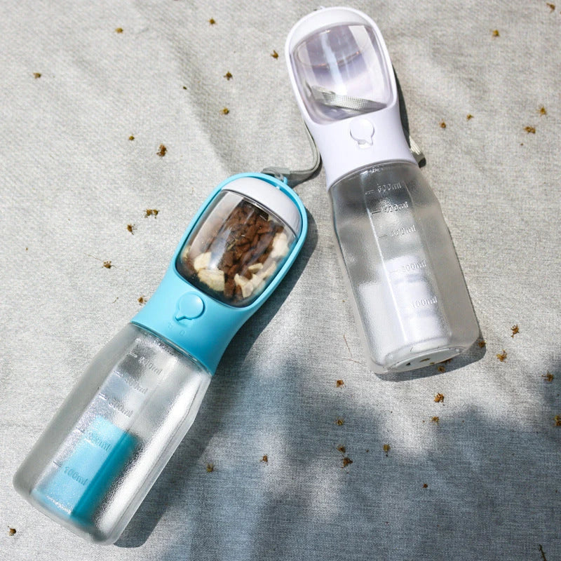 Multifunctional pet water bottle with built-in poop bag dispenser, available in turquoise, pink, and white colors