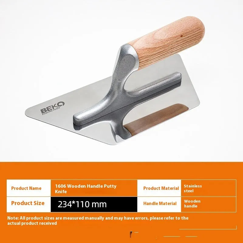 Stainless steel putty scraper with wooden handle, showing thin blade for wall and floor surface preparation.