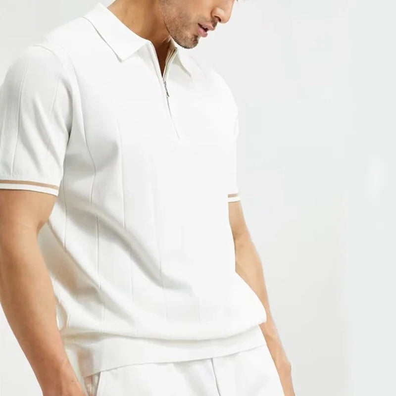 Men's stylish summer polo shirt with lapel zipper in white and dark blue