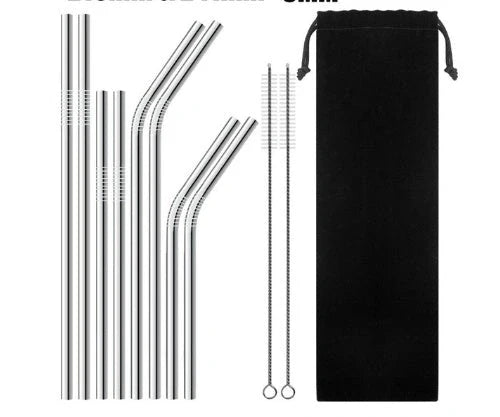 Colourful reusable stainless steel drinking straws with cleaning brush, perfect for eco-friendly sipping.
