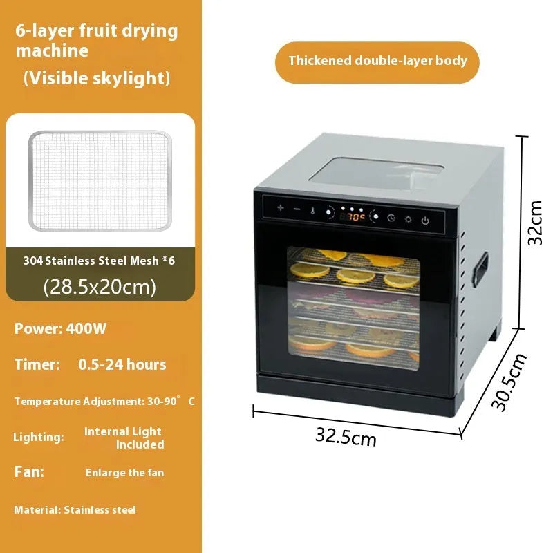 Stainless steel food dehydrator with transparent door and digital LED temperature control panel