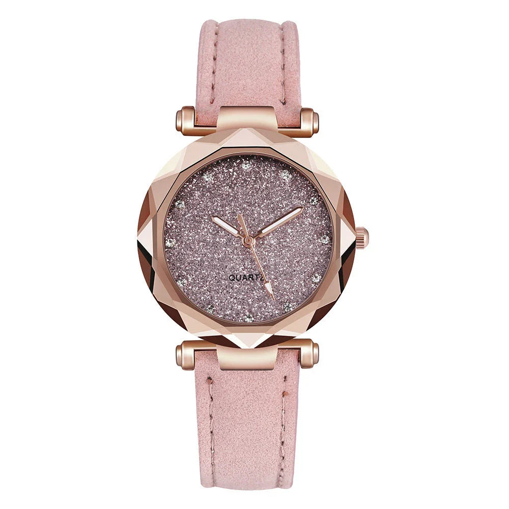 Elegant women's wrist watch with a captivating starry sky dial and leather strap, suitable for any occasion.