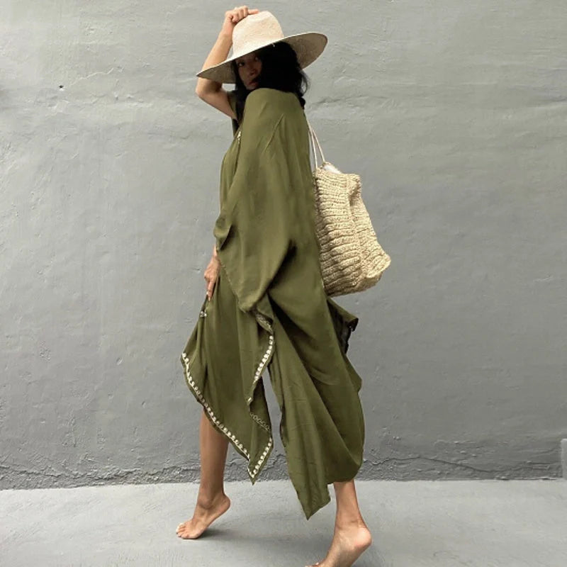 Stylish rayon embroidered beach cover-up with sun protection in various colors