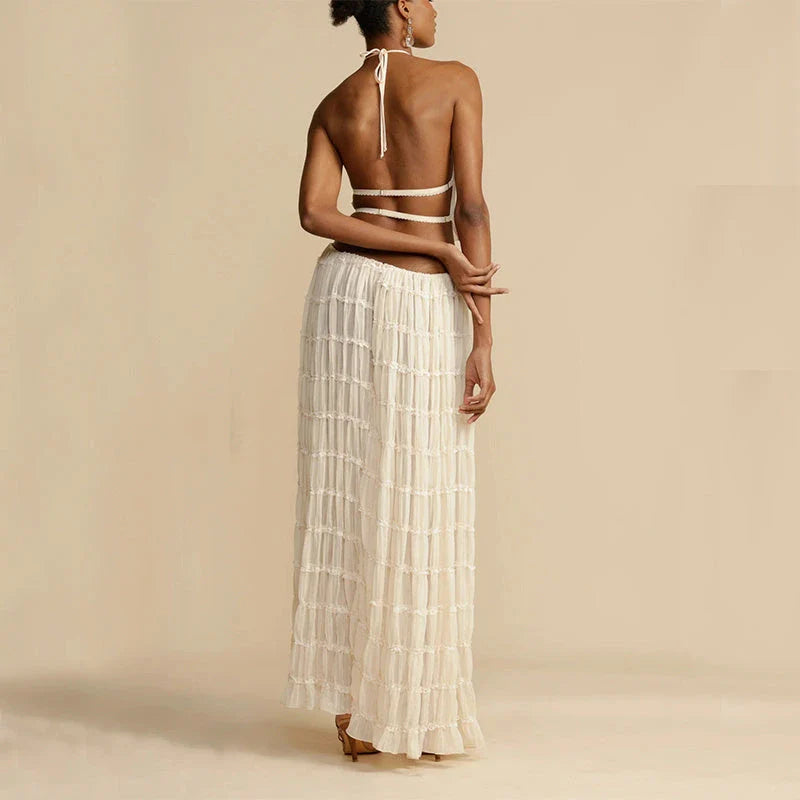 Chic backless halter top and flowing pleated maxi dress set in various vibrant colors