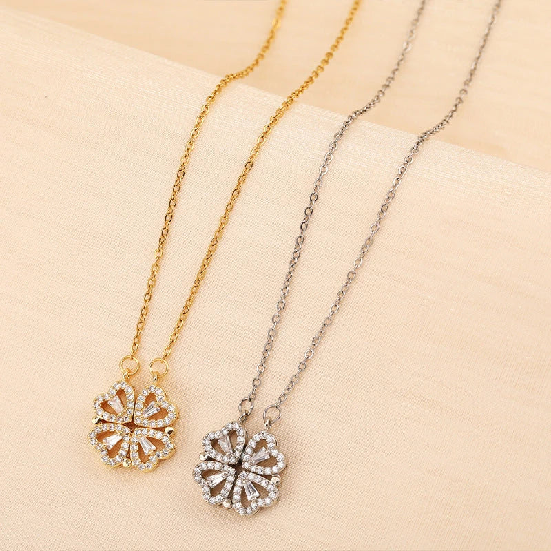 Elegant four-leaf clover pendant necklace made of premium titanium steel with a captivating diamond inlay design