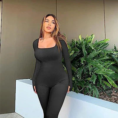 A stylish women's yoga jumpsuit with a square collar and long sleeves, available in a variety of vibrant colors.