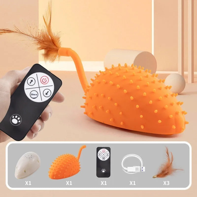 Remote control USB rechargeable silicone mouse cat toy with hanging feathers in cyan colour