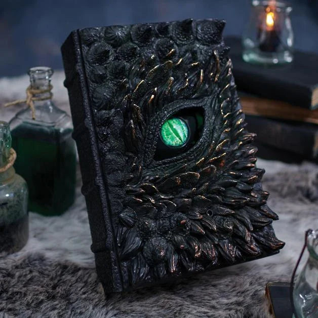 Realistic resin dragon book prop with scaly texture, perfect for home decor and Halloween