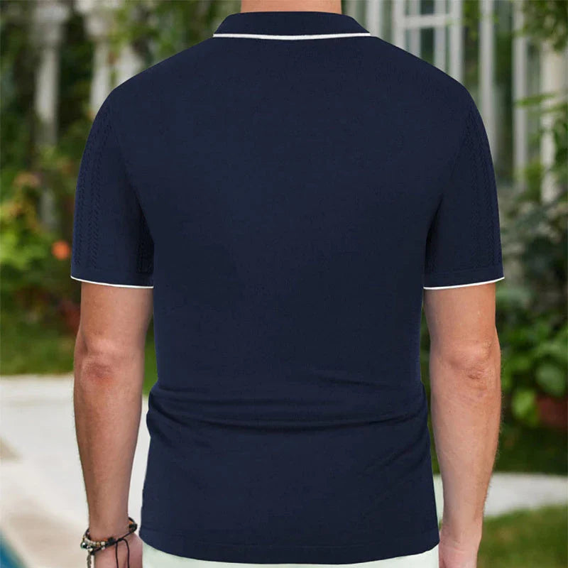 Short-sleeve polo shirt in various classic colors, featuring a unique flocking design and made from soft, breathable Tencel fabric
