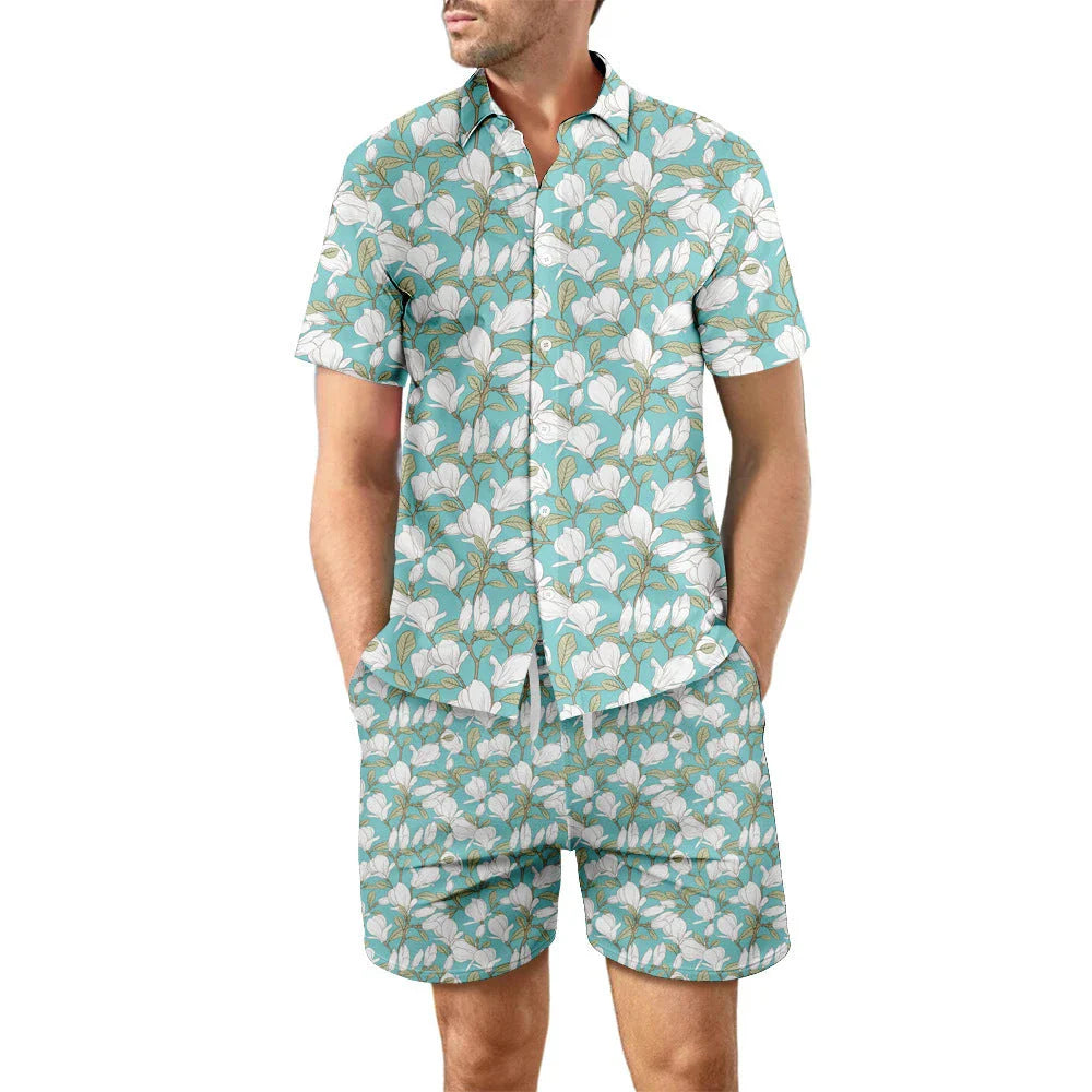 Stylish printed beach shirt and shorts set for men in various vibrant color designs