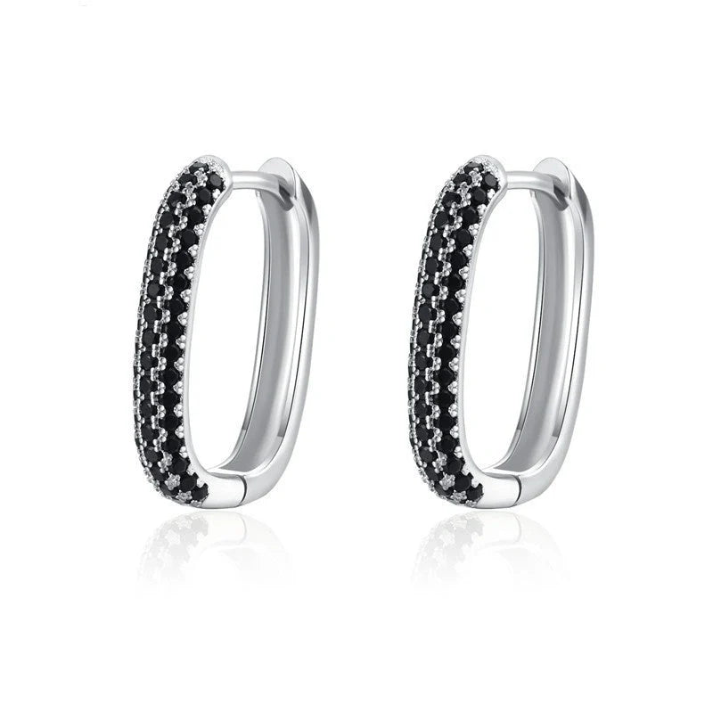 Pair of black zircon earrings with a U-shaped design, showcasing the elegant French-inspired style and high-quality copper construction.