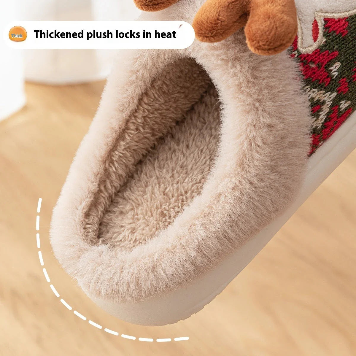 Cozy elk-themed Christmas slippers in green and red colors, featuring a plush, fuzzy design and non-slip sole for comfortable indoor wear