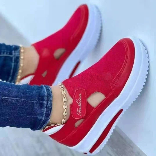 Stylish and comfortable women's mesh sneakers with cushioned soles, available in red, black, blue, and pink colors in sizes 35 to 43.