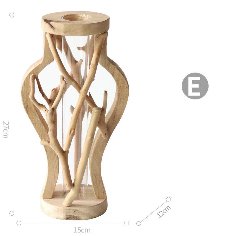 Handcrafted wooden vase with glass container for hydroponic floral displays and home decor