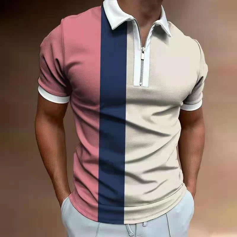Premium striped polo shirt with short sleeves, made from high-quality cotton-blend fabric for comfort and style.
