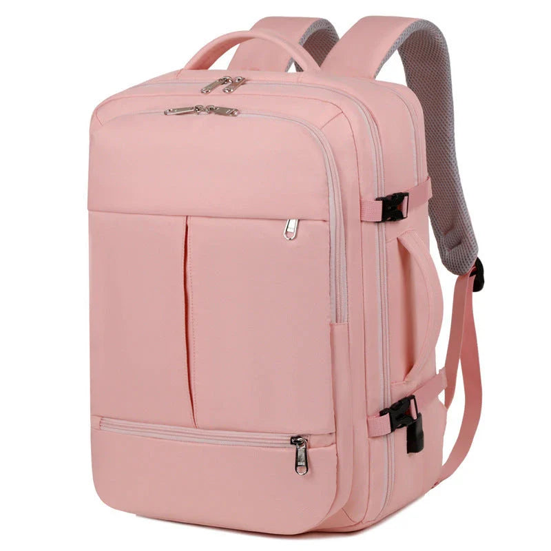 A stylish and high-capacity backpack with multiple pockets and zippers, designed for business and travel use.