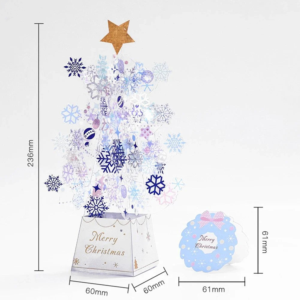 Elegant 3D pop-up Christmas tree greeting card with shimmering snowflake sequins