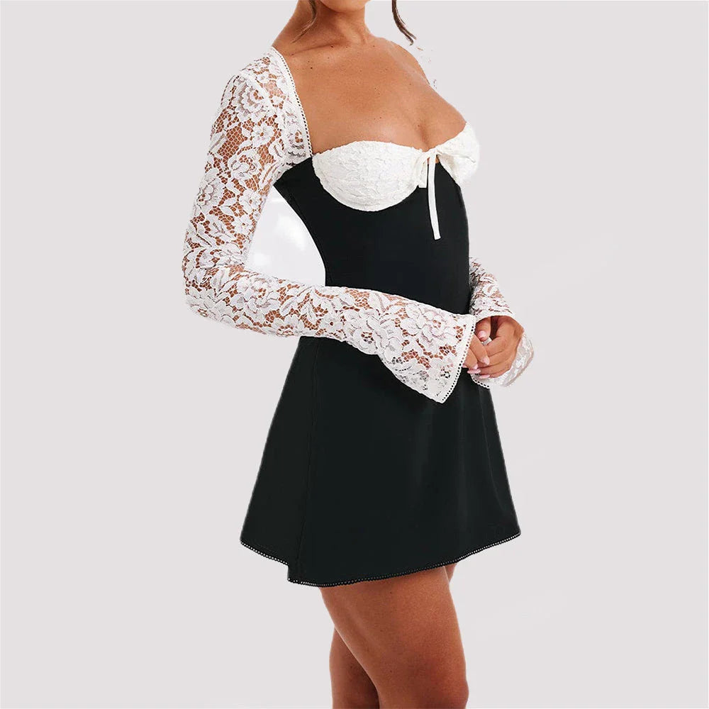 Lace-trimmed backless dress with long sleeves in a variety of colors for women