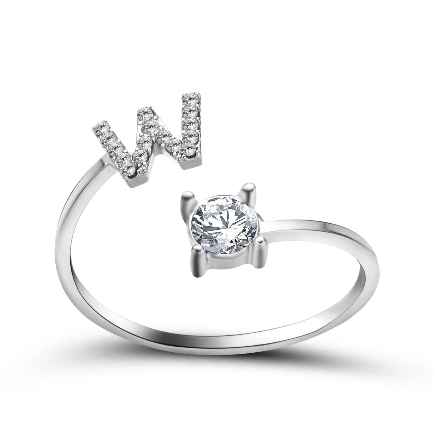 Personalized Initial Letter Crystal Ring with Adjustable Design in Gold, Silver, and Rose Gold Colors