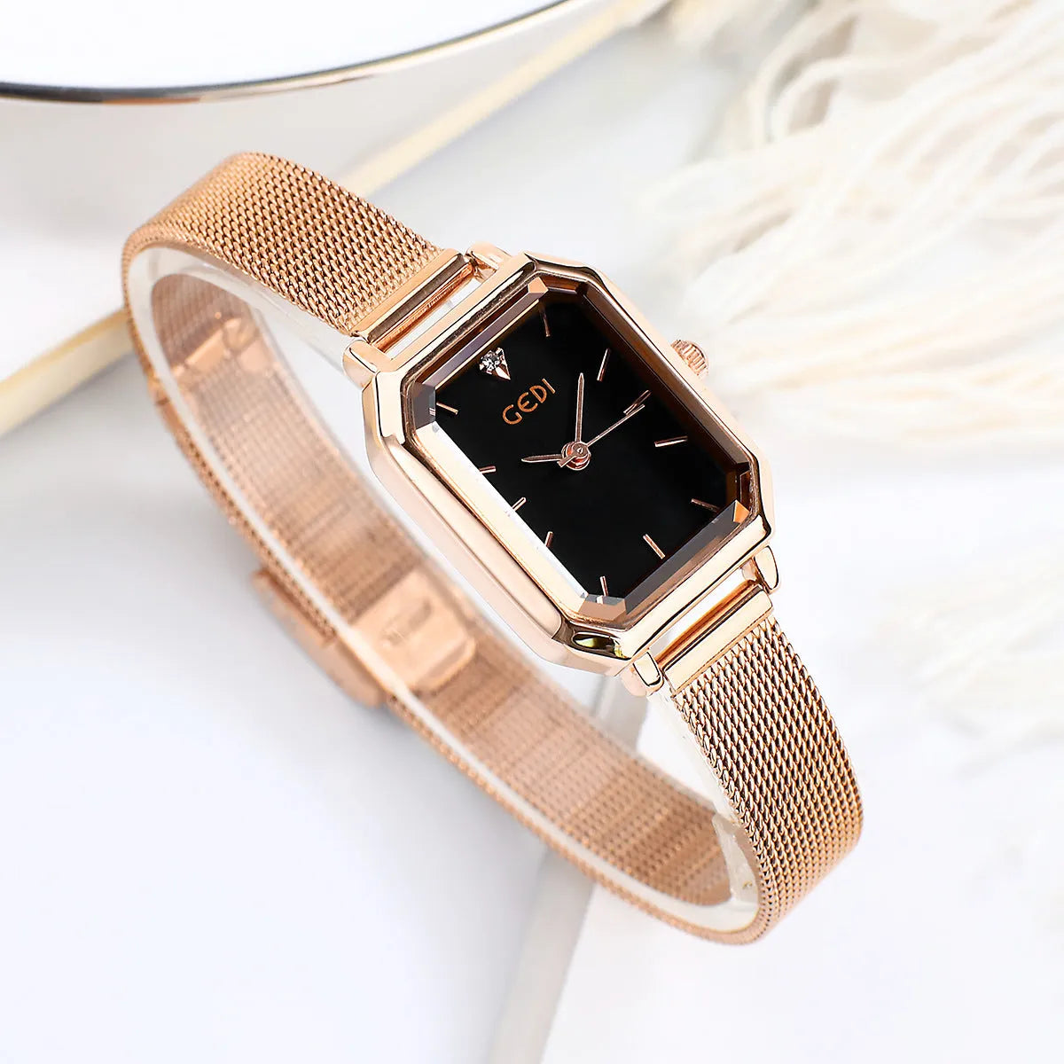 Women's square retro casual watch with rose gold shell case in various colour combinations