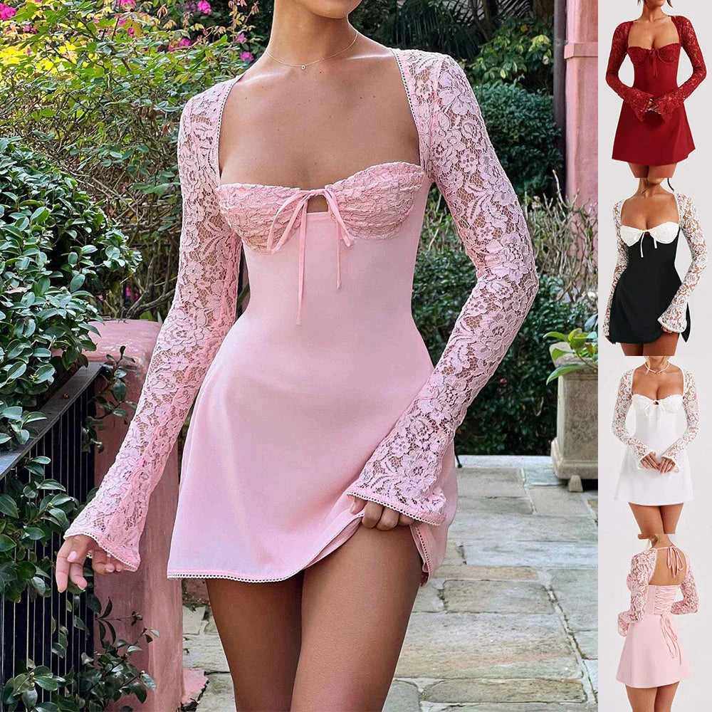 Lace-trimmed backless dress with long sleeves in a variety of colors for women