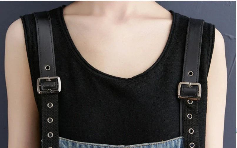 Korean style denim suspenders for women with adjustable straps