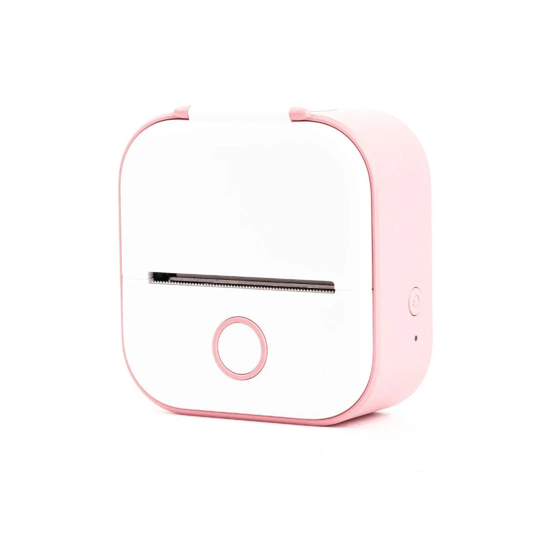 Compact Bluetooth-enabled thermal label printer in white, pink, and green colors with various label options