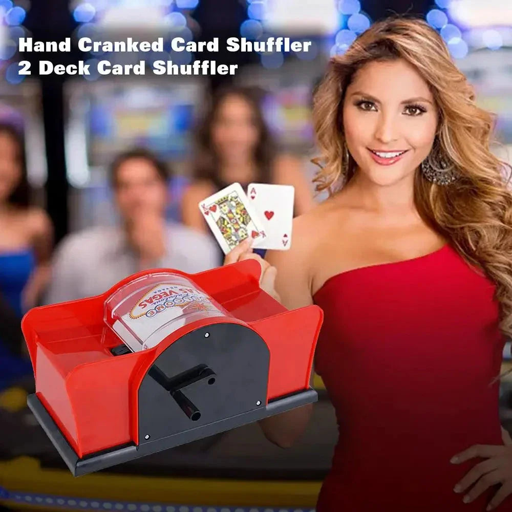 A manual card shuffler made of durable ABS material with a smooth hand crank for easy shuffling of playing cards for poker, blackjack, and other card games.