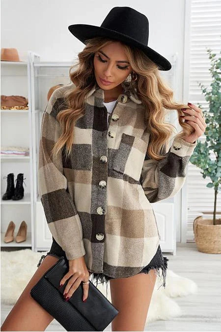 Casual long-sleeved blouse with plaid woollen coat in khaki, pink, and grey colours