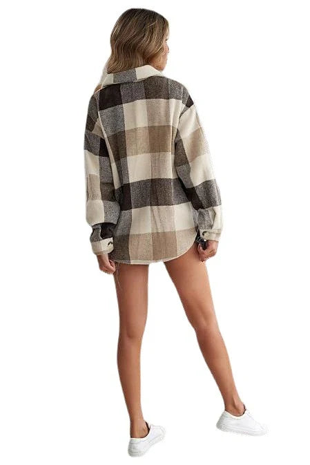 Casual long-sleeved blouse with plaid woollen coat in khaki, pink, and grey colours