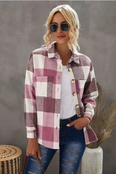 Casual long-sleeved blouse with plaid woollen coat in khaki, pink, and grey colours