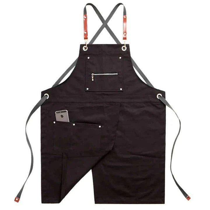 Personalised Coffee Shop Barista Apron in black, made with premium canvas material and featuring a spacious front pocket