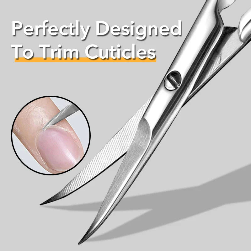 Precision cuticle scissors with extra-fine curved blades for clean, accurate grooming cuts
