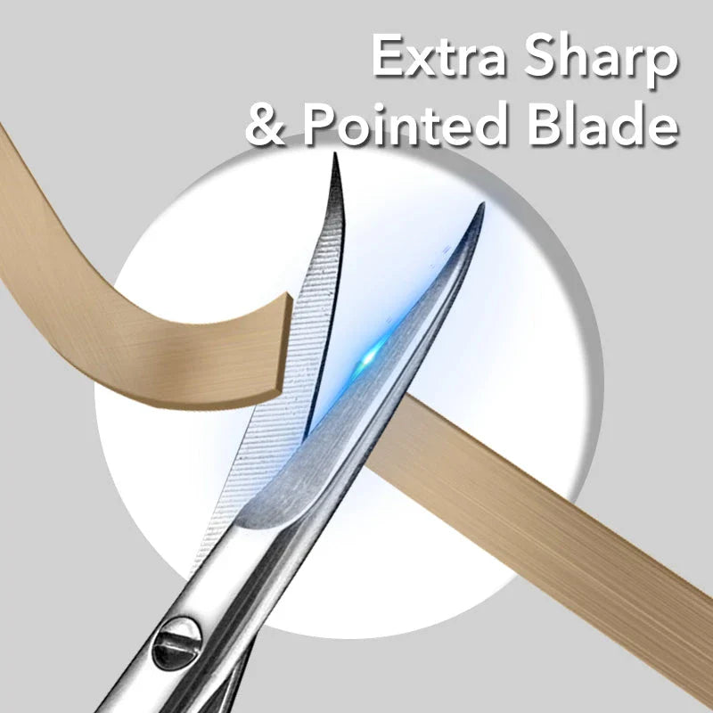 Precision cuticle scissors with extra-fine curved blades for clean, accurate grooming cuts