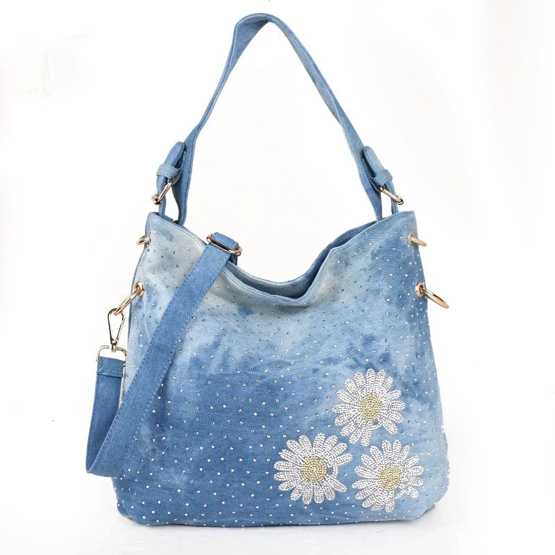 Fashionable denim canvas one shoulder messenger bag in blue and black colours
