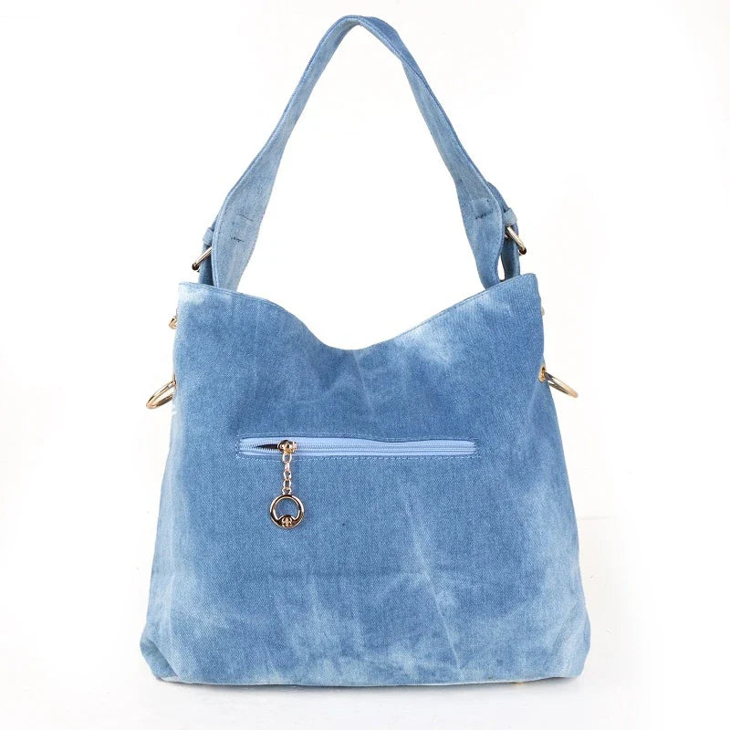 Fashionable denim canvas one shoulder messenger bag in blue and black colours