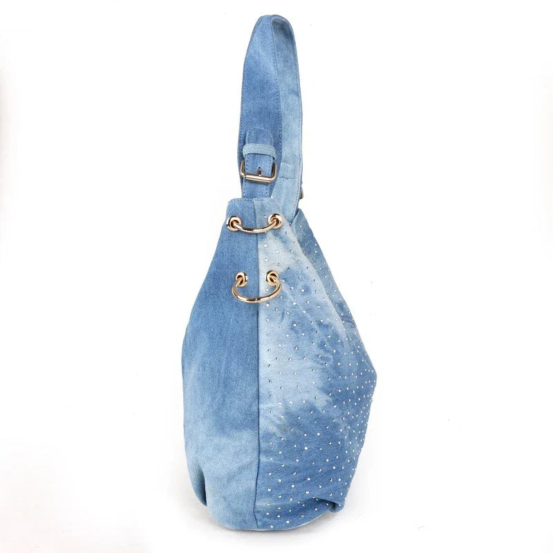 Fashionable denim canvas one shoulder messenger bag in blue and black colours