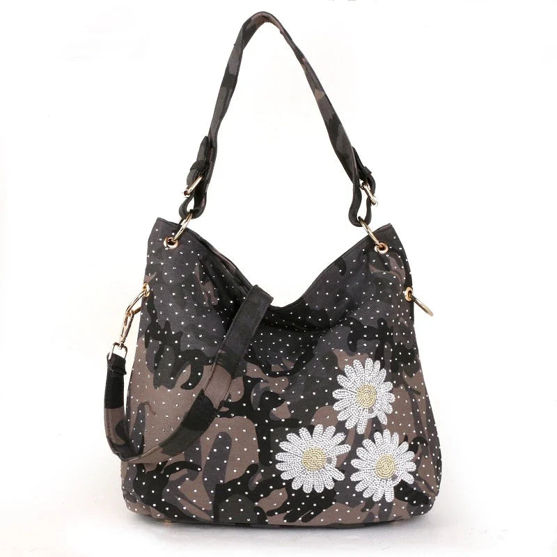 Fashionable denim canvas one shoulder messenger bag in blue and black colours