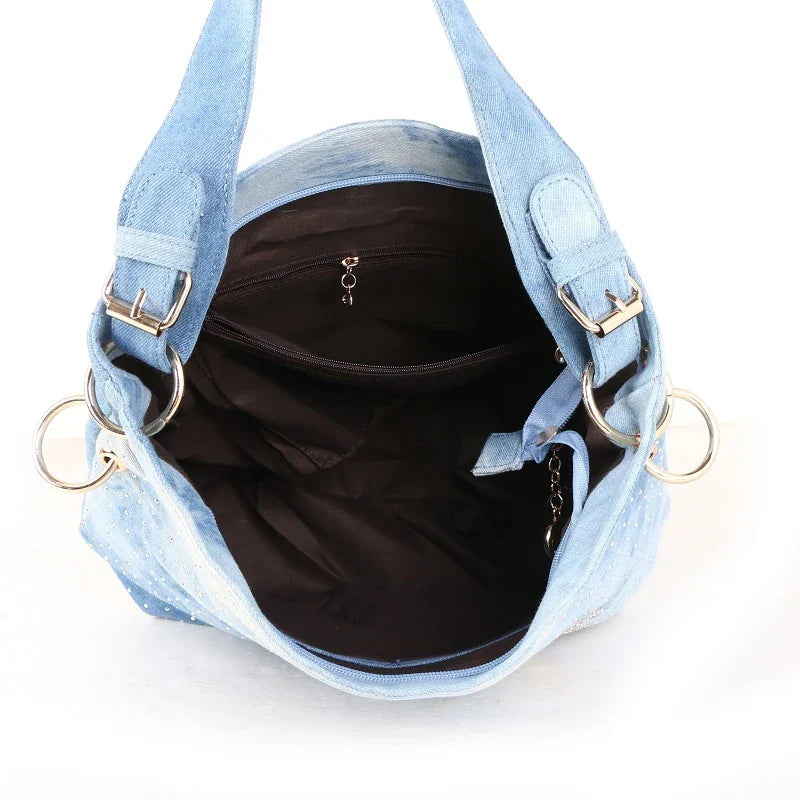 Fashionable denim canvas one shoulder messenger bag in blue and black colours
