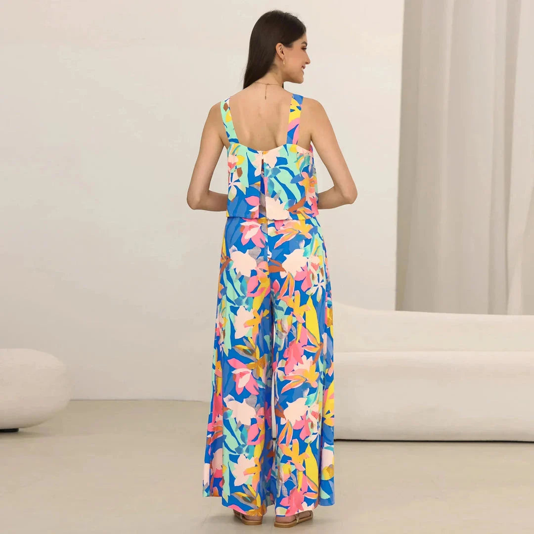 Chic paisley print wide leg jumpsuit with suspender top set for women's streetwear fashion