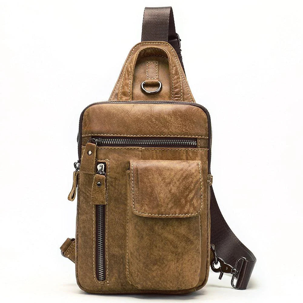 A premium leather crossbody bag for men, featuring a vintage British design and adjustable shoulder strap