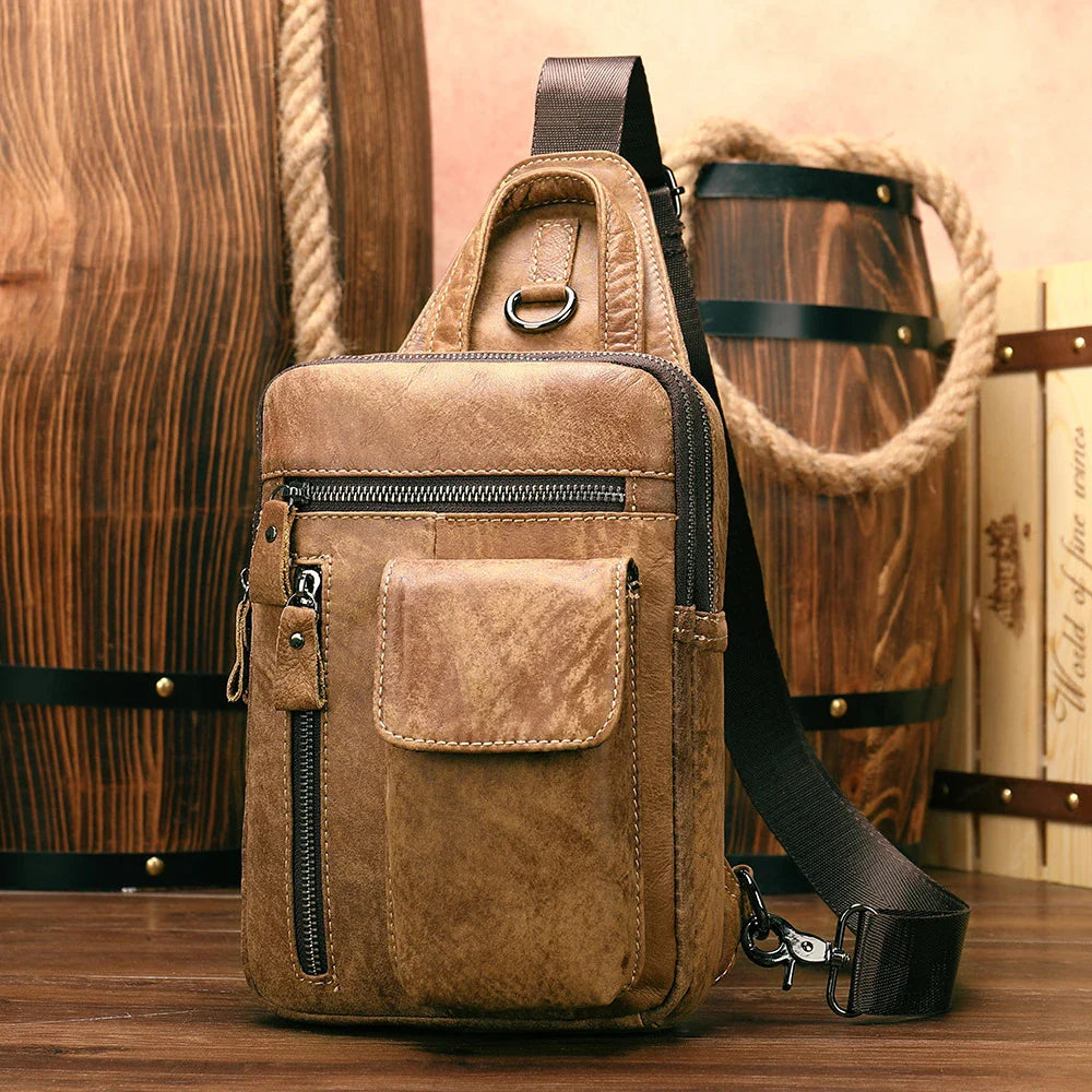 A premium leather crossbody bag for men, featuring a vintage British design and adjustable shoulder strap